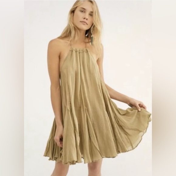 Free People Womens L Catching Rays Green Boho Fairy Raw Hem Halter Tunic Dress - Picture 3 of 12